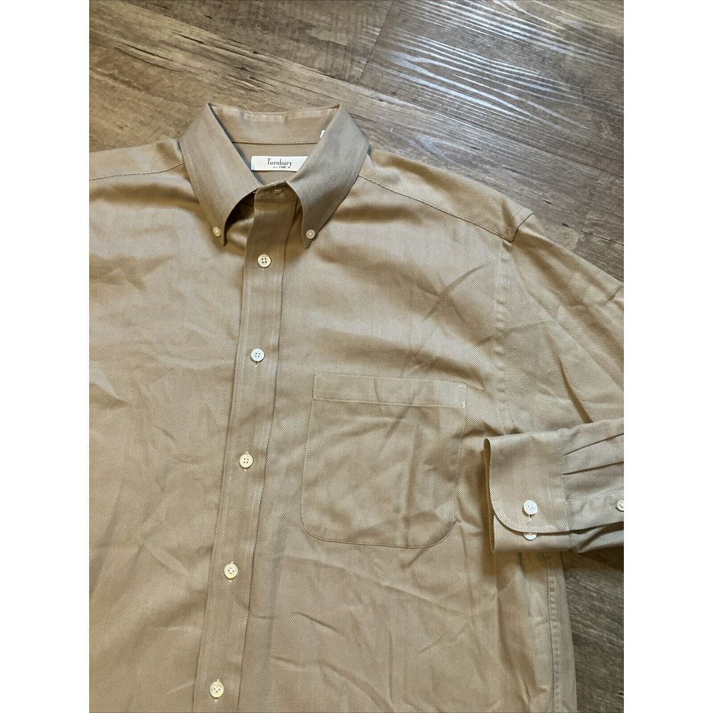Turnbury Mens Tan Herringbone Button Down Shirt Long‎ Sleeve Cotton Size M 33